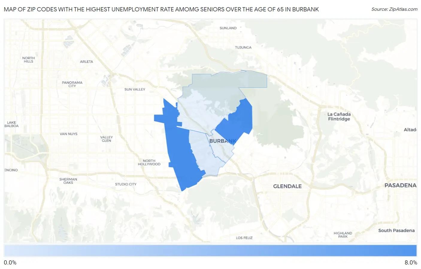 Zip Codes with the Highest Unemployment Rate Amomg Seniors Over the Age of 65 in Burbank Map