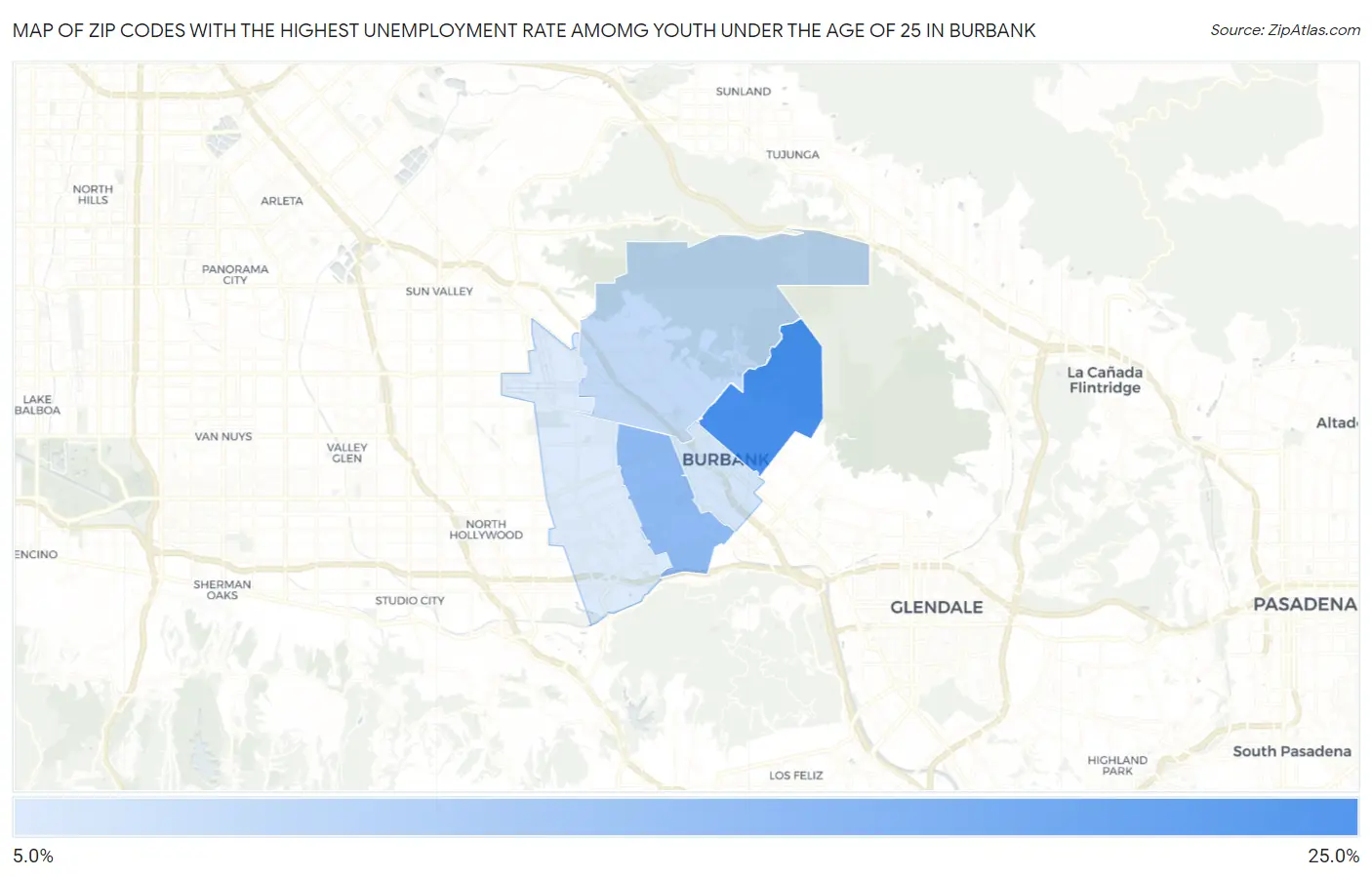 Zip Codes with the Highest Unemployment Rate Amomg Youth Under the Age of 25 in Burbank Map