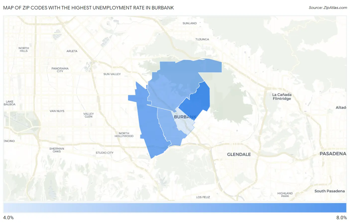 Zip Codes with the Highest Unemployment Rate in Burbank Map