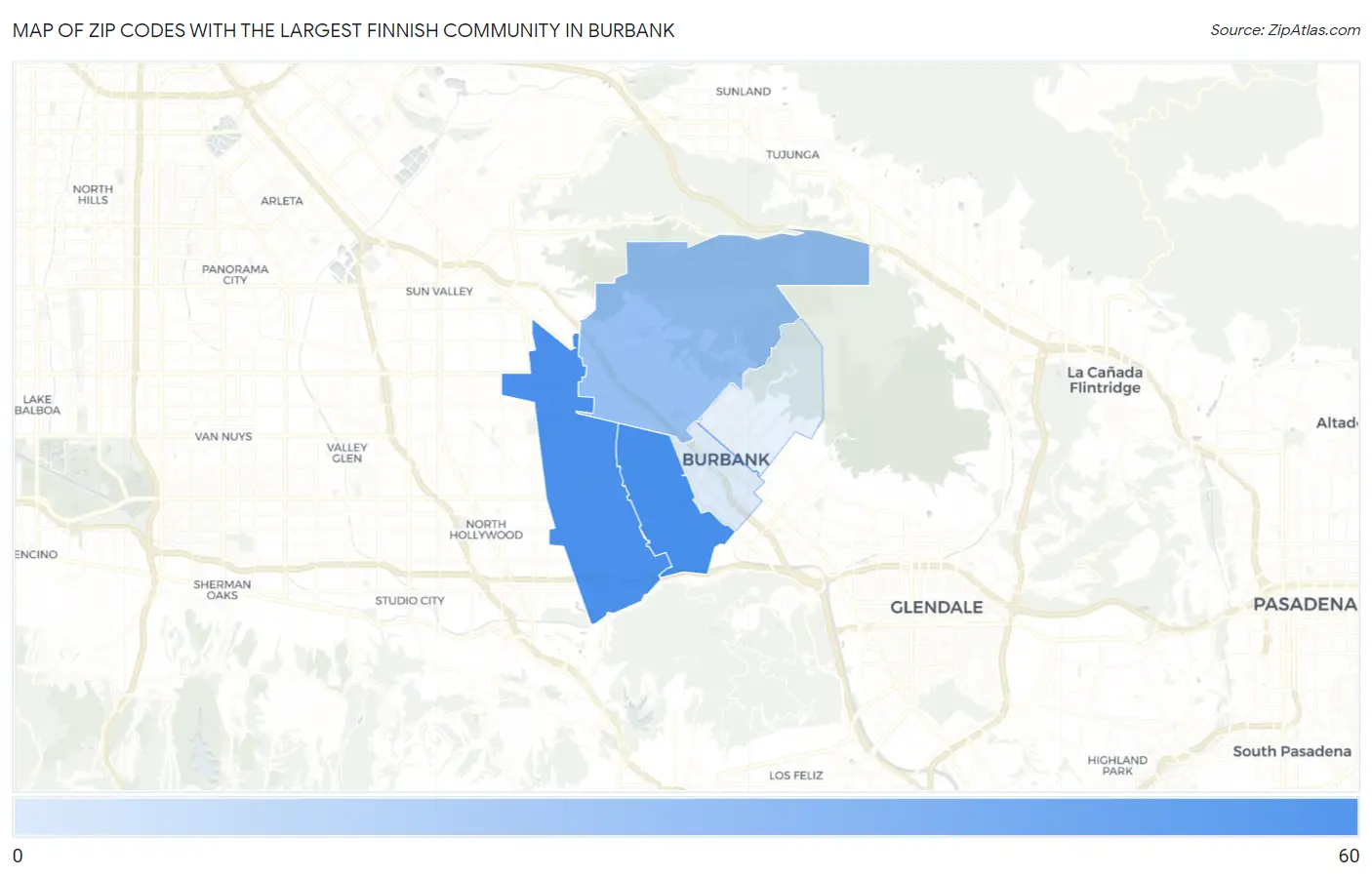 Zip Codes with the Largest Finnish Community in Burbank Map