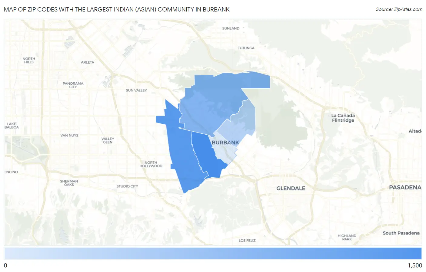 Zip Codes with the Largest Indian (Asian) Community in Burbank Map