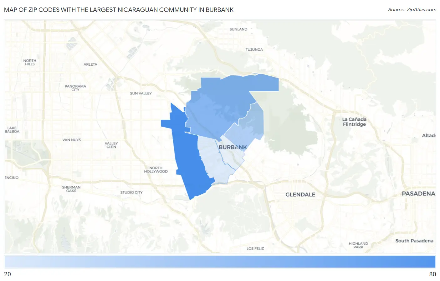 Zip Codes with the Largest Nicaraguan Community in Burbank Map