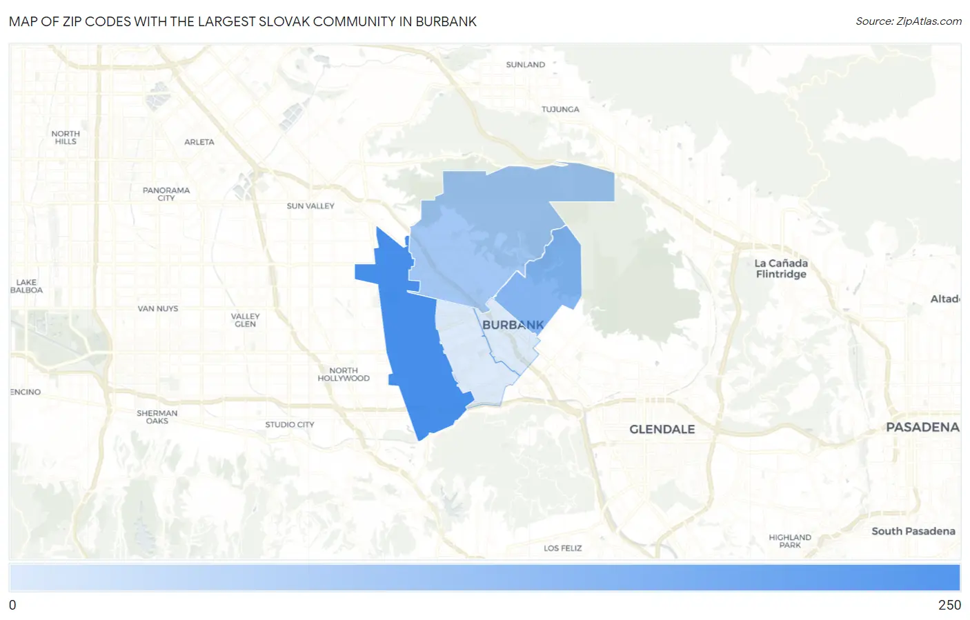 Zip Codes with the Largest Slovak Community in Burbank Map