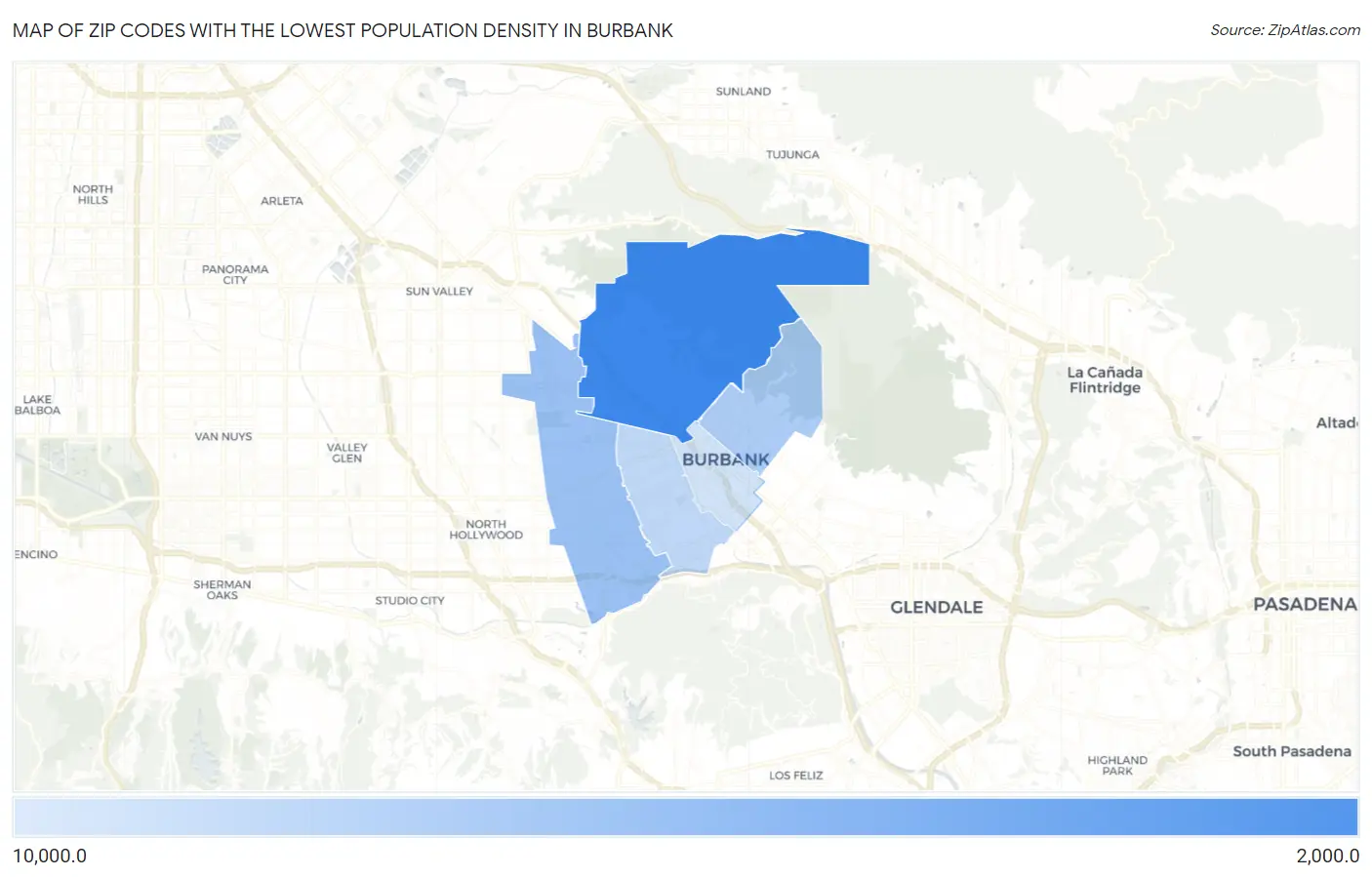 Zip Codes with the Lowest Population Density in Burbank Map