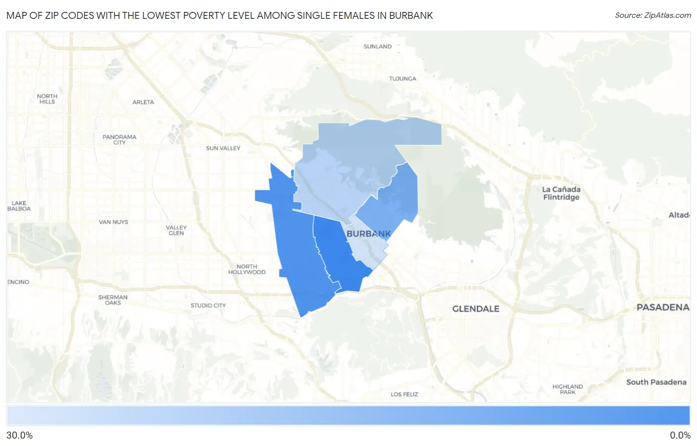 Zip Codes with the Lowest Poverty Level Among Single Females in Burbank Map