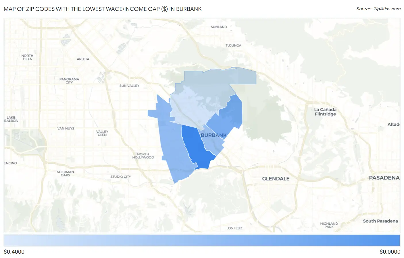 Zip Codes with the Lowest Wage/Income Gap ($) in Burbank Map