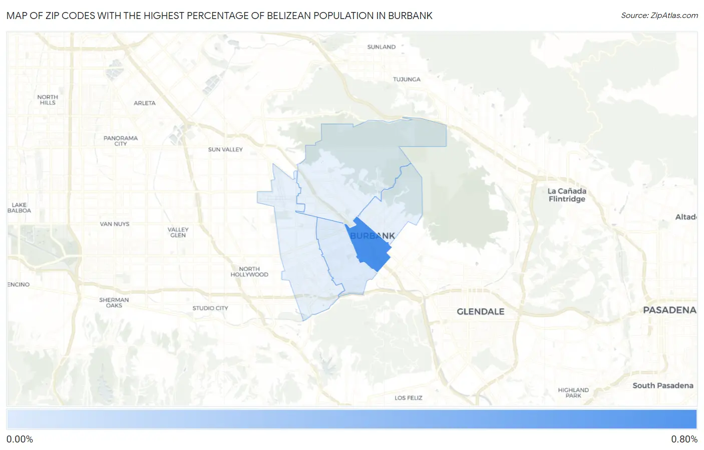 Zip Codes with the Highest Percentage of Belizean Population in Burbank Map