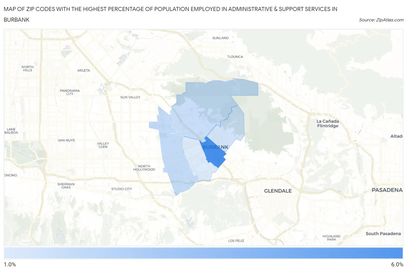 Zip Codes with the Highest Percentage of Population Employed in Administrative & Support Services in Burbank Map