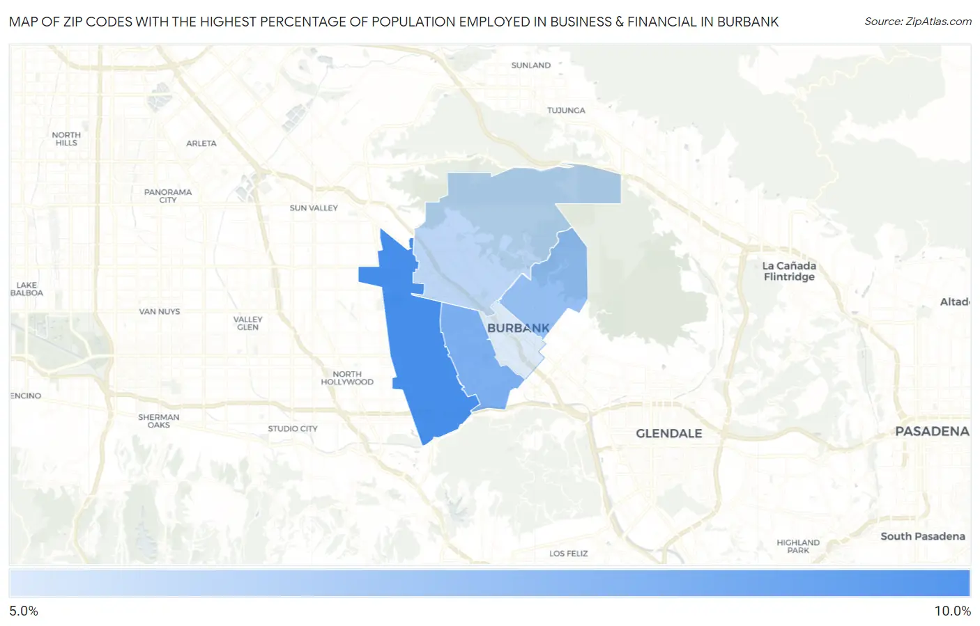 Zip Codes with the Highest Percentage of Population Employed in Business & Financial in Burbank Map