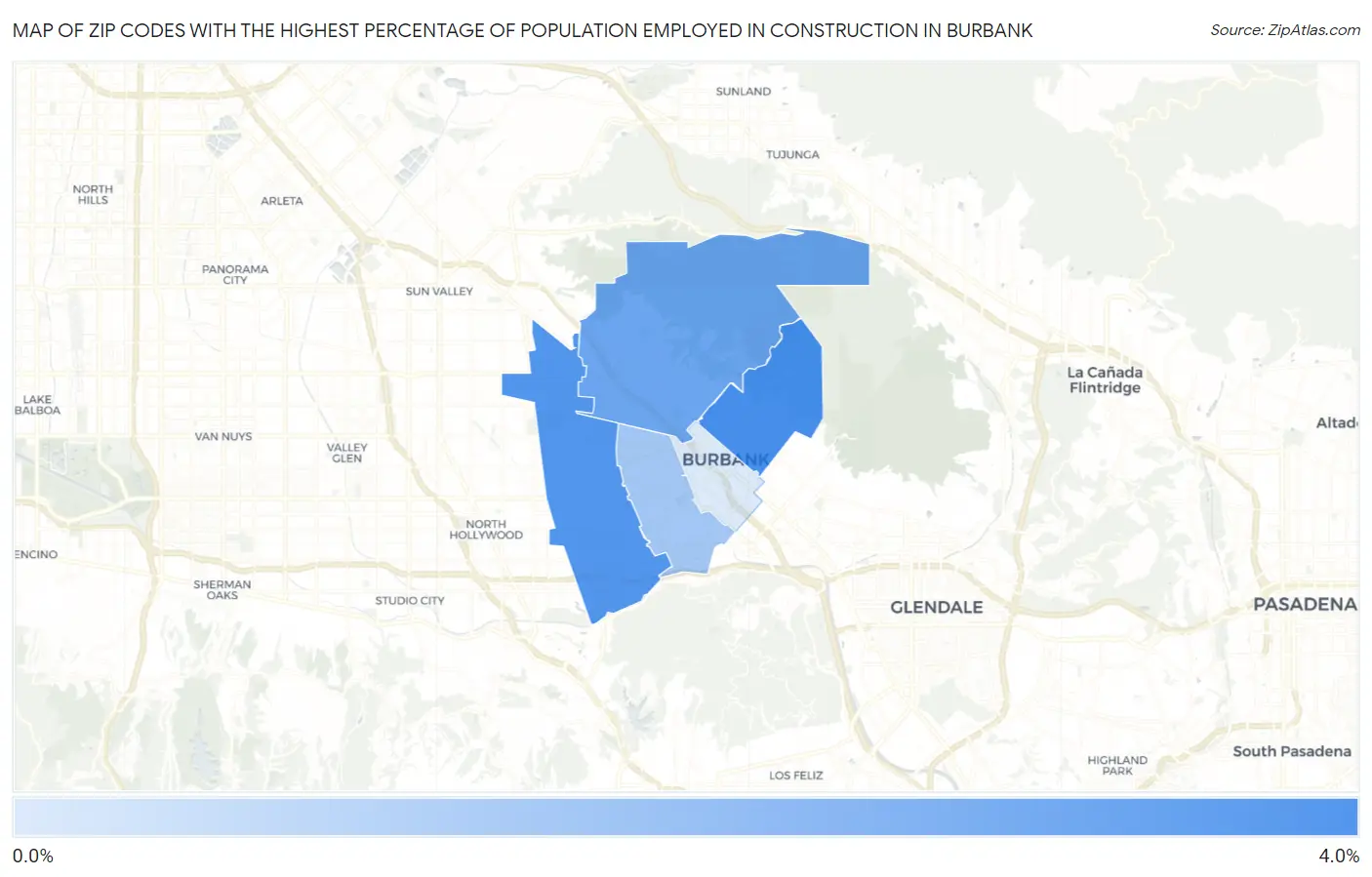 Zip Codes with the Highest Percentage of Population Employed in Construction in Burbank Map