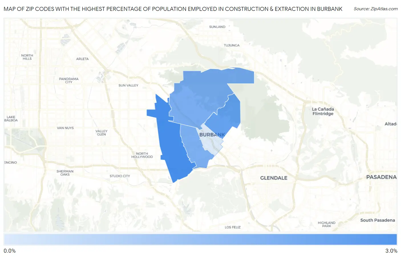 Zip Codes with the Highest Percentage of Population Employed in Construction & Extraction in Burbank Map