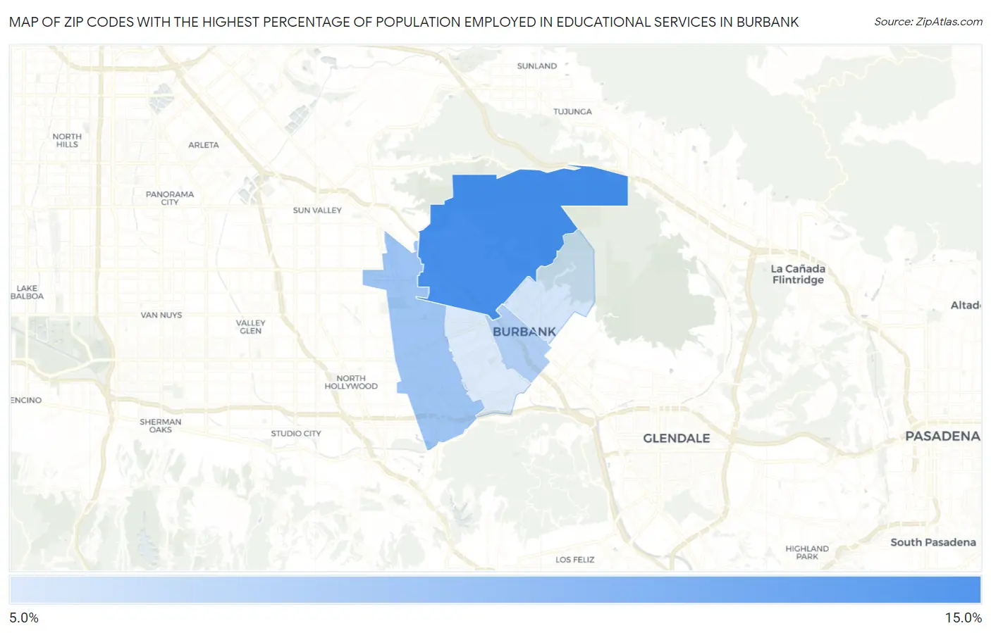 Zip Codes with the Highest Percentage of Population Employed in Educational Services in Burbank Map