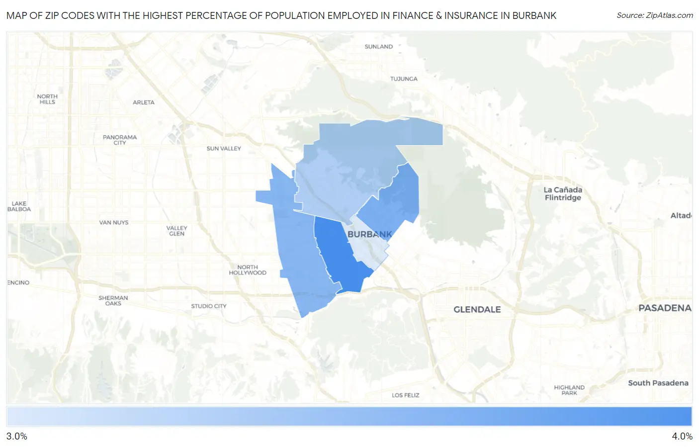 Zip Codes with the Highest Percentage of Population Employed in Finance & Insurance in Burbank Map