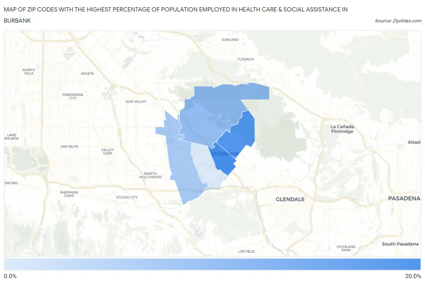 Zip Codes with the Highest Percentage of Population Employed in Health Care & Social Assistance in Burbank Map