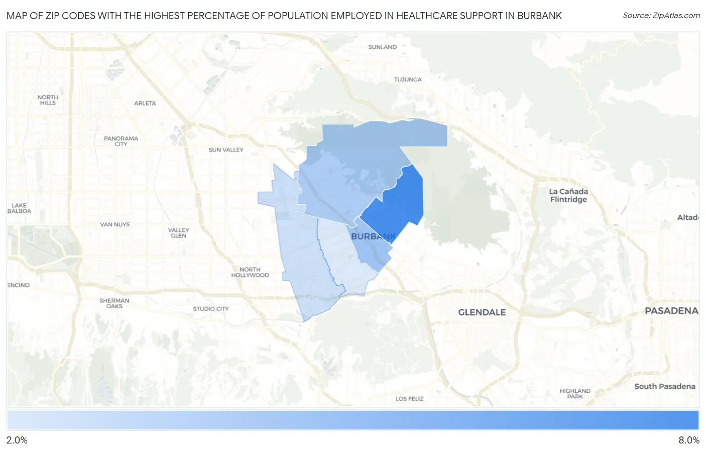 Zip Codes with the Highest Percentage of Population Employed in Healthcare Support in Burbank Map