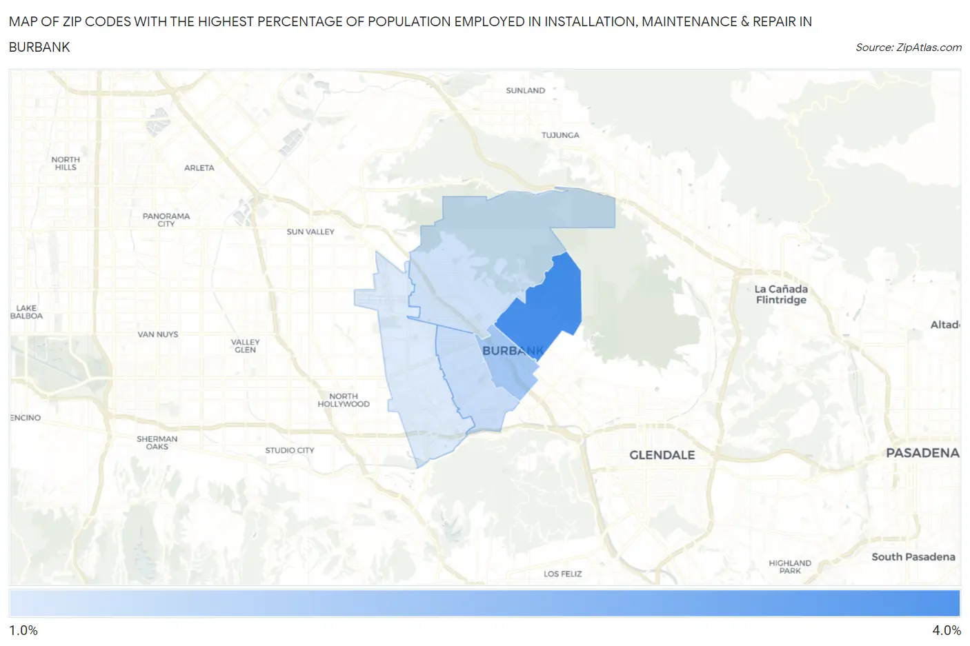 Zip Codes with the Highest Percentage of Population Employed in Installation, Maintenance & Repair in Burbank Map