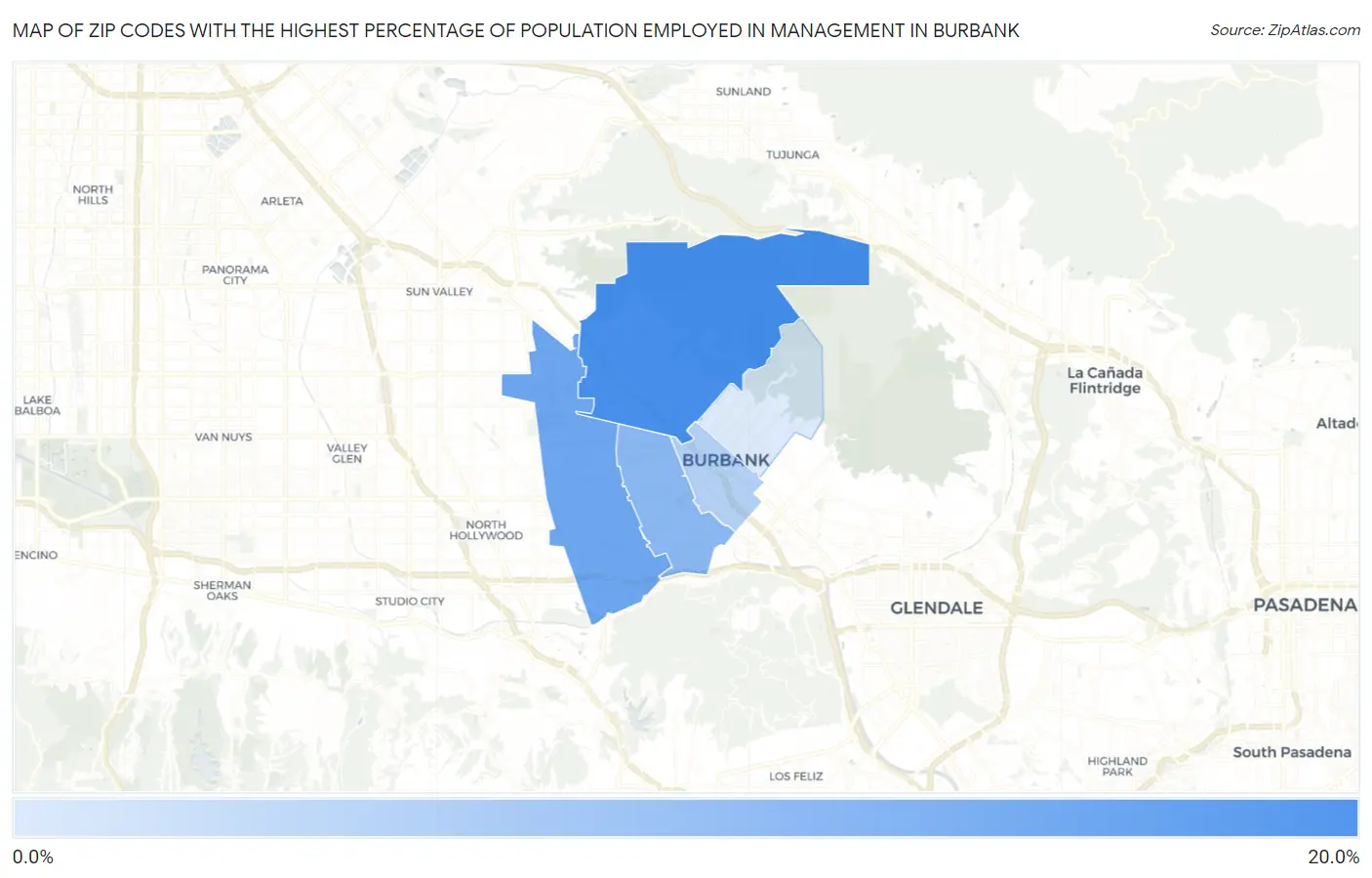 Zip Codes with the Highest Percentage of Population Employed in Management in Burbank Map