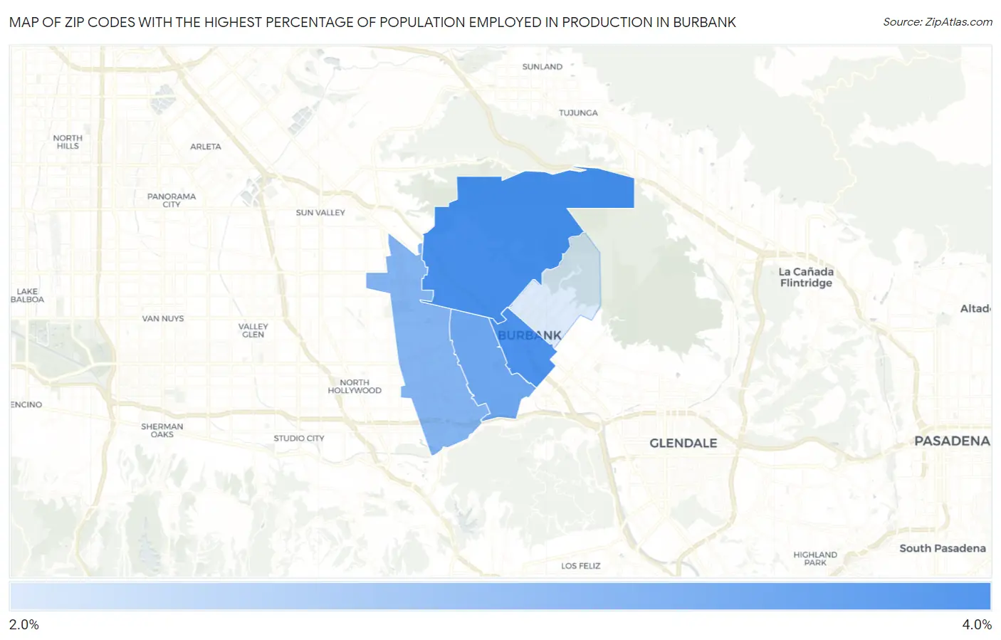Zip Codes with the Highest Percentage of Population Employed in Production in Burbank Map
