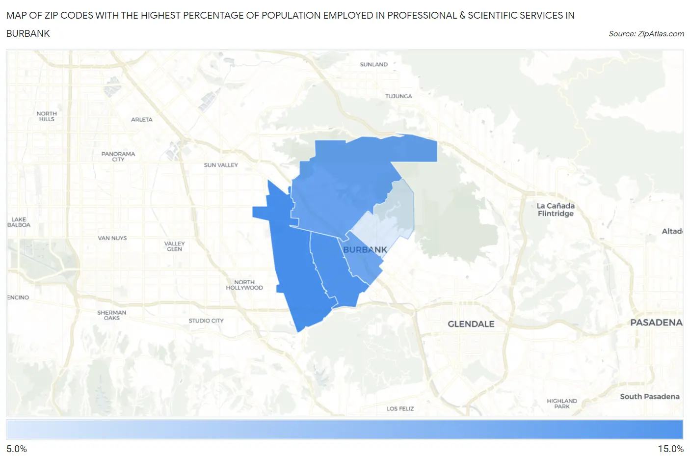 Zip Codes with the Highest Percentage of Population Employed in Professional & Scientific Services in Burbank Map