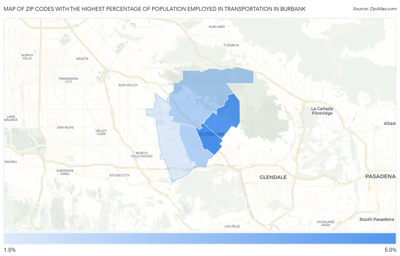 Zip Codes with the Highest Percentage of Population Employed in Transportation in Burbank Map