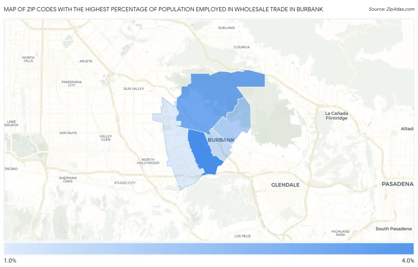 Zip Codes with the Highest Percentage of Population Employed in Wholesale Trade in Burbank Map