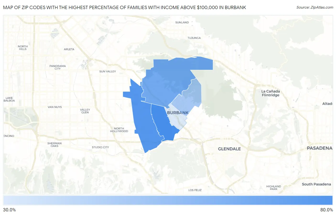 Zip Codes with the Highest Percentage of Families with Income Above $100,000 in Burbank Map