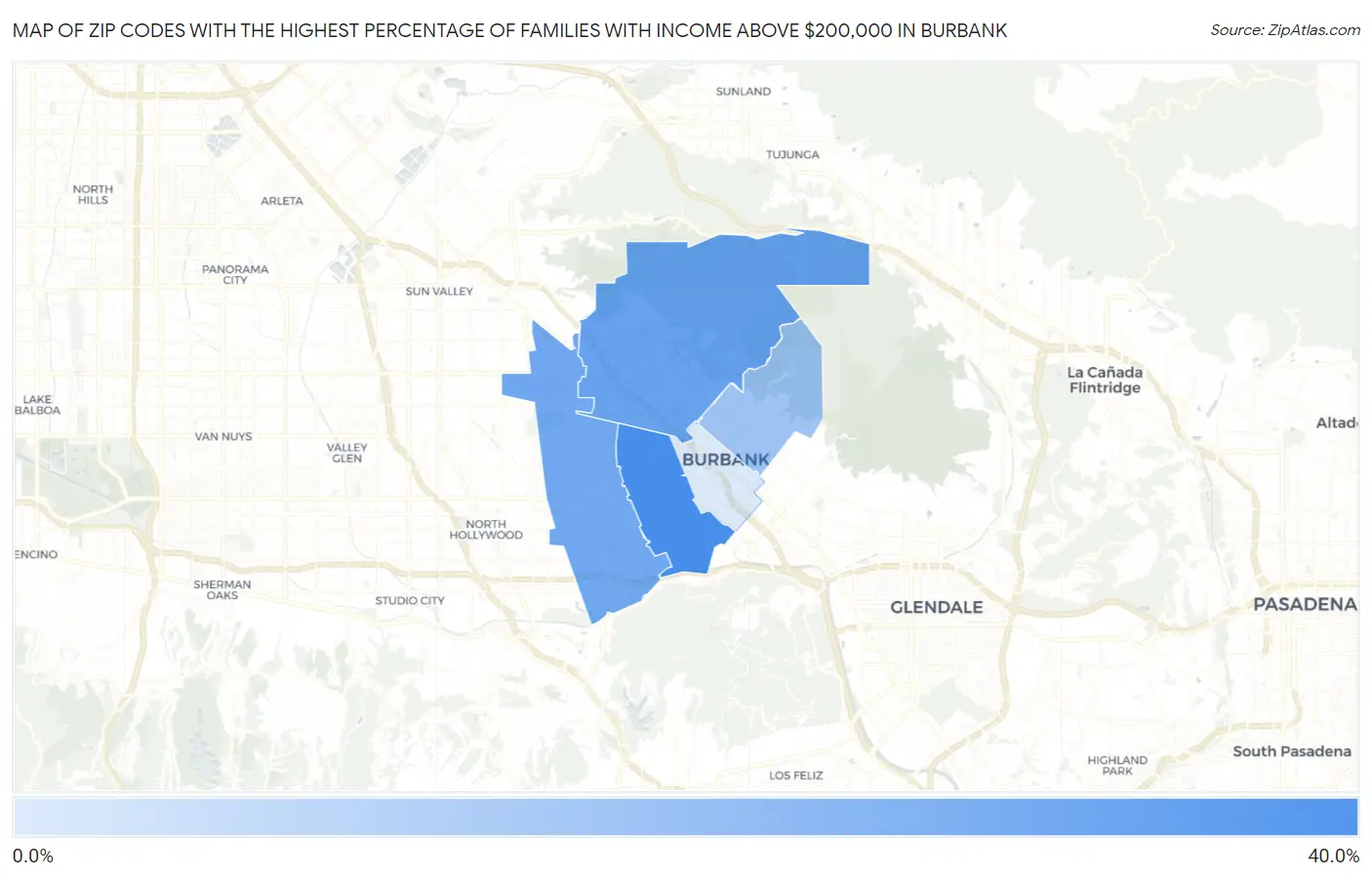 Zip Codes with the Highest Percentage of Families with Income Above $200,000 in Burbank Map