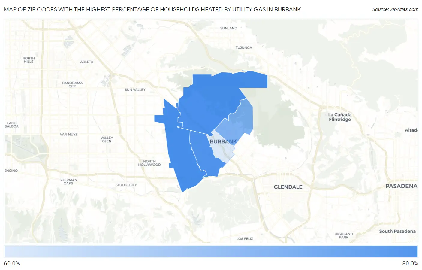 Zip Codes with the Highest Percentage of Households Heated by Utility Gas in Burbank Map
