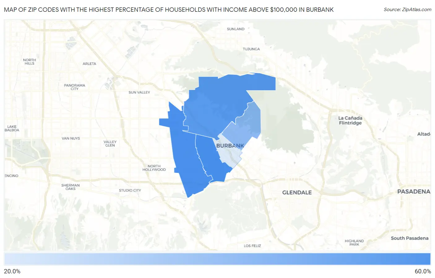 Zip Codes with the Highest Percentage of Households with Income Above $100,000 in Burbank Map