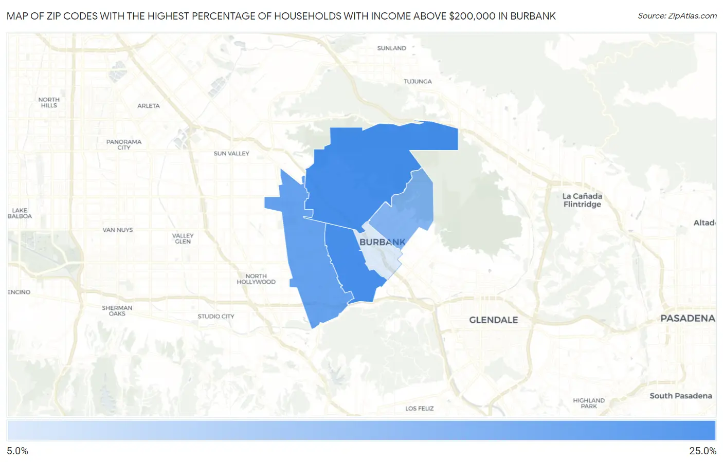 Zip Codes with the Highest Percentage of Households with Income Above $200,000 in Burbank Map