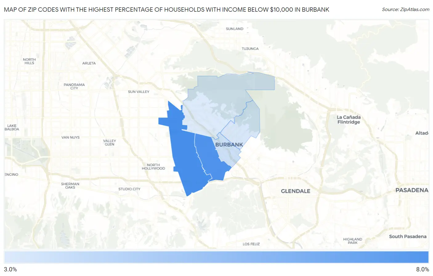 Zip Codes with the Highest Percentage of Households with Income Below $10,000 in Burbank Map