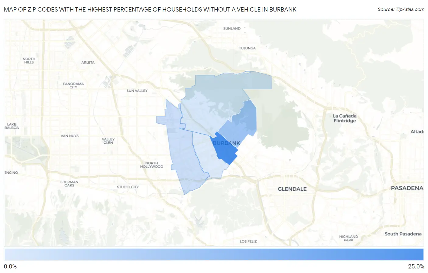 Zip Codes with the Highest Percentage of Households Without a Vehicle in Burbank Map
