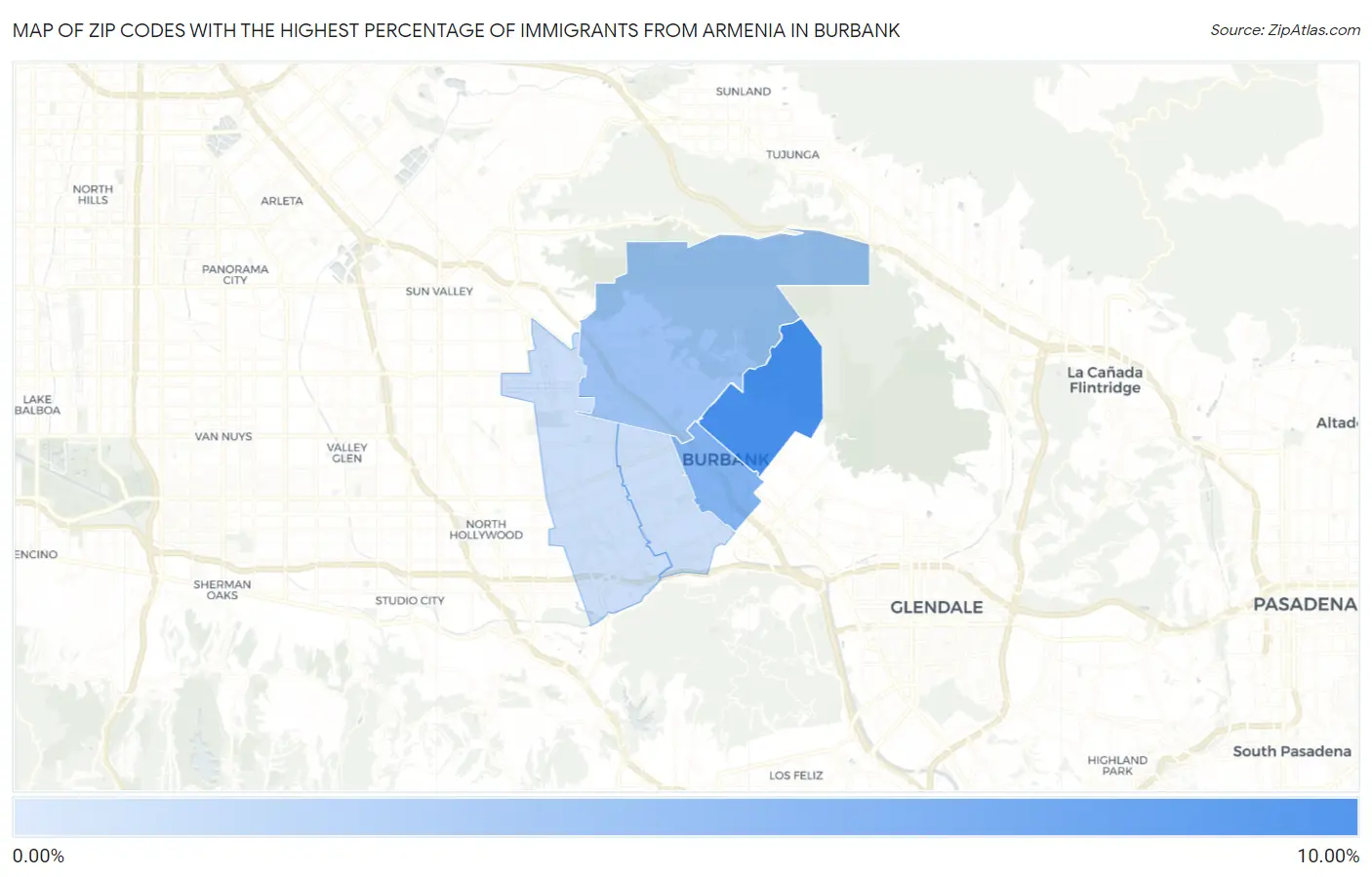 Zip Codes with the Highest Percentage of Immigrants from Armenia in Burbank Map