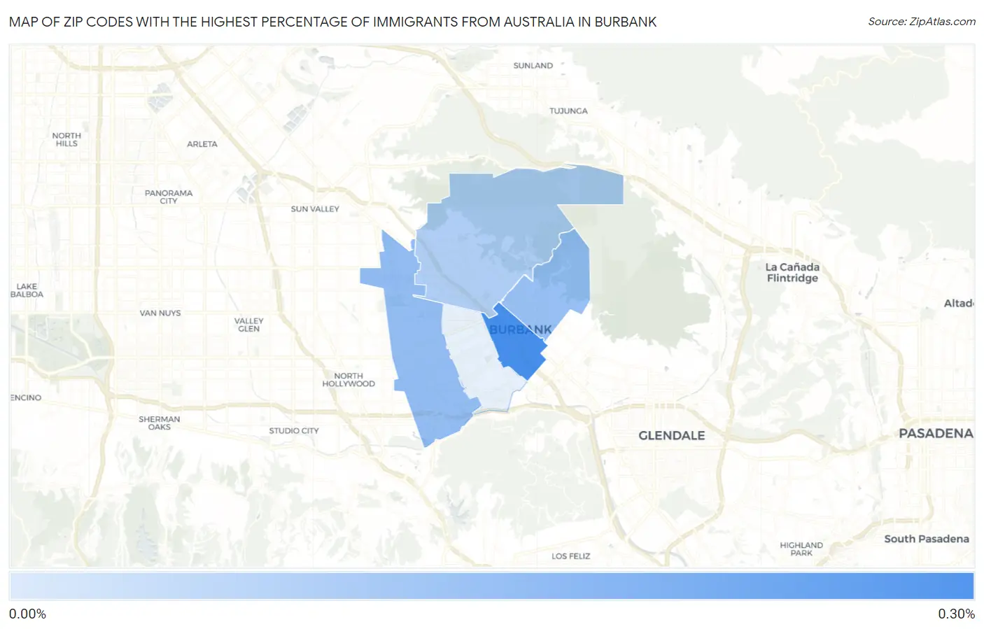 Zip Codes with the Highest Percentage of Immigrants from Australia in Burbank Map