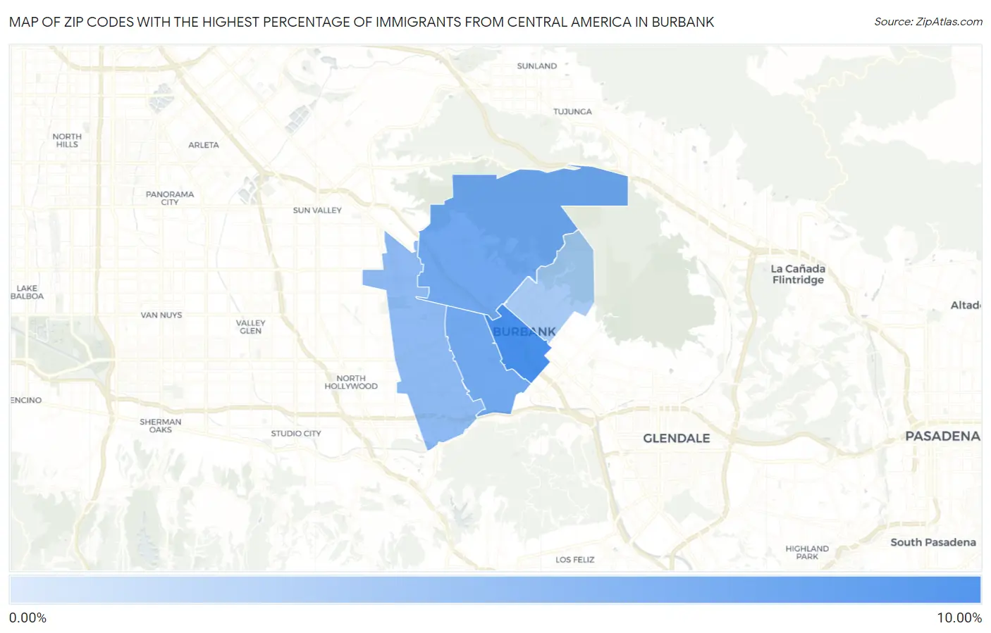 Zip Codes with the Highest Percentage of Immigrants from Central America in Burbank Map