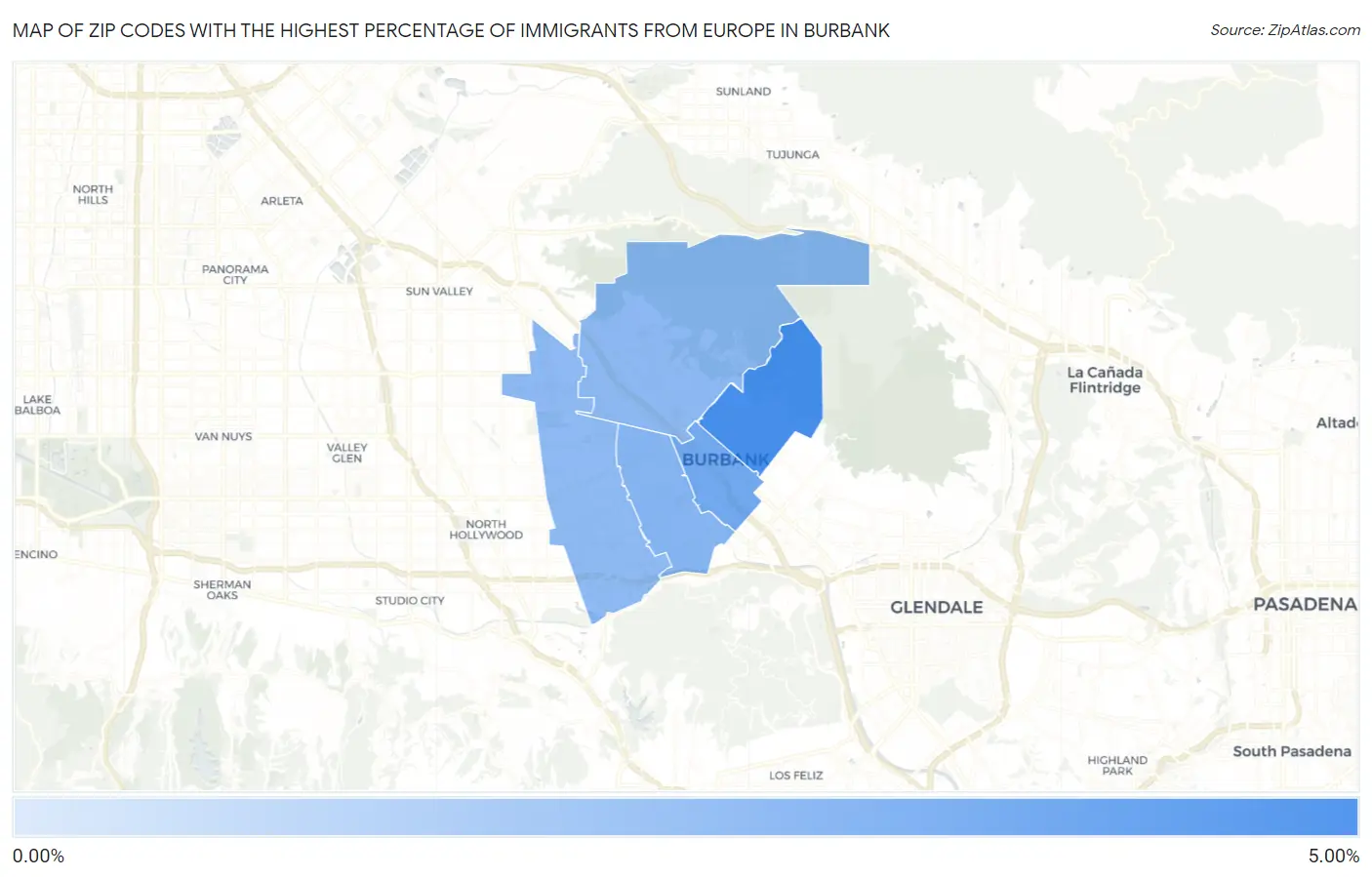 Zip Codes with the Highest Percentage of Immigrants from Europe in Burbank Map