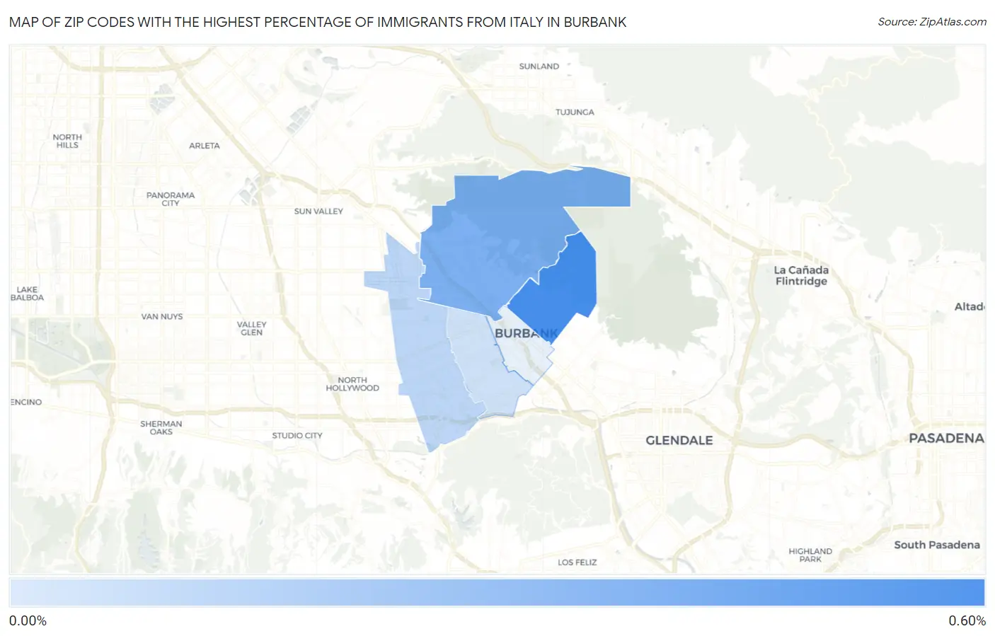 Zip Codes with the Highest Percentage of Immigrants from Italy in Burbank Map