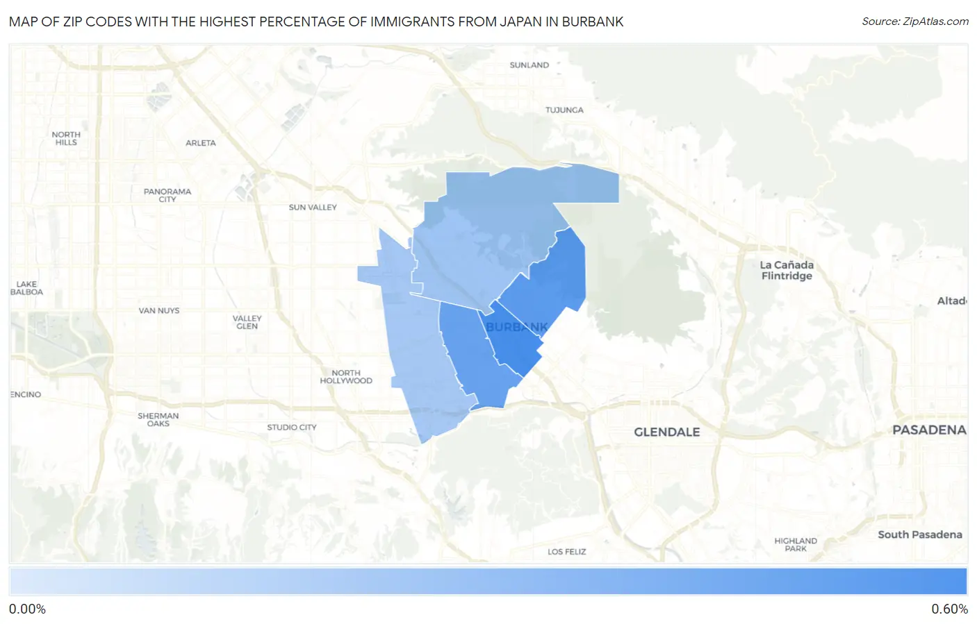 Zip Codes with the Highest Percentage of Immigrants from Japan in Burbank Map