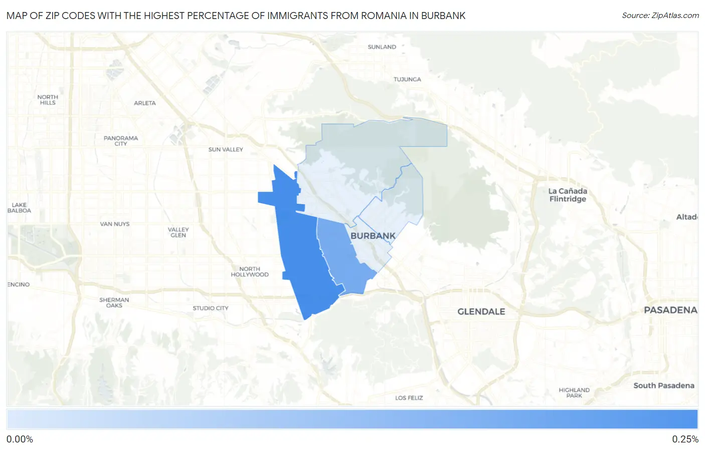 Zip Codes with the Highest Percentage of Immigrants from Romania in Burbank Map