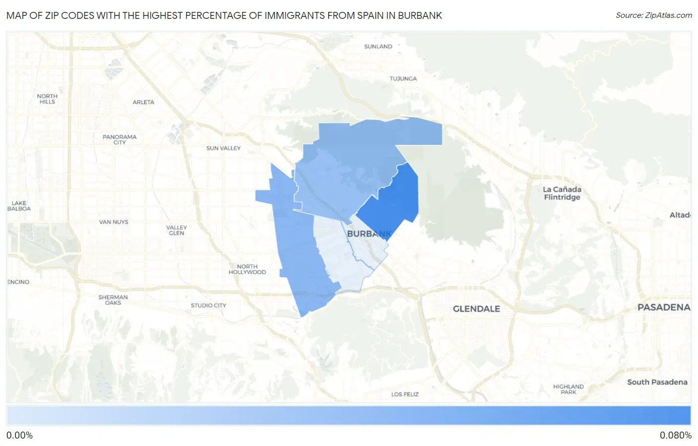 Zip Codes with the Highest Percentage of Immigrants from Spain in Burbank Map