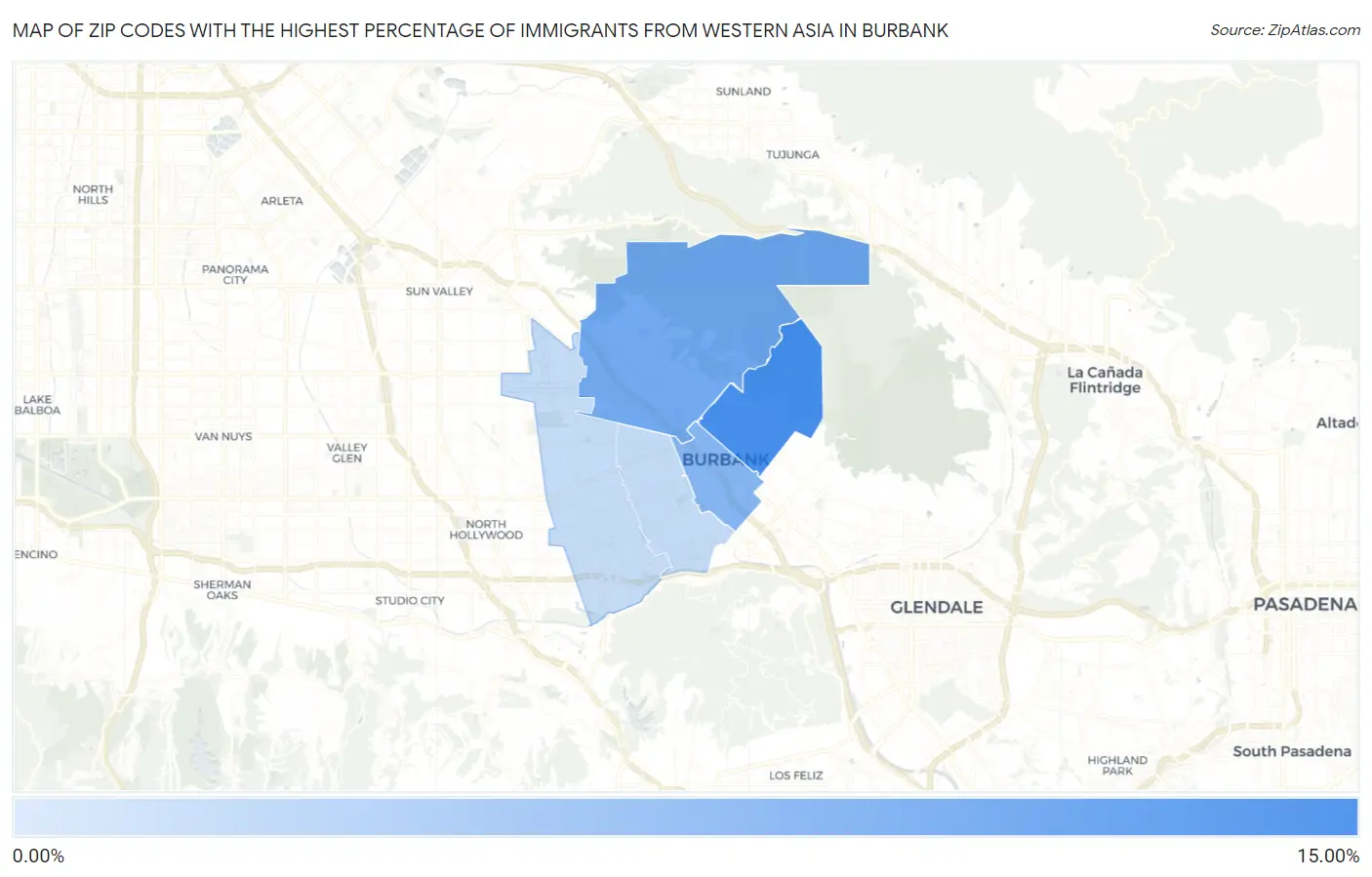 Zip Codes with the Highest Percentage of Immigrants from Western Asia in Burbank Map