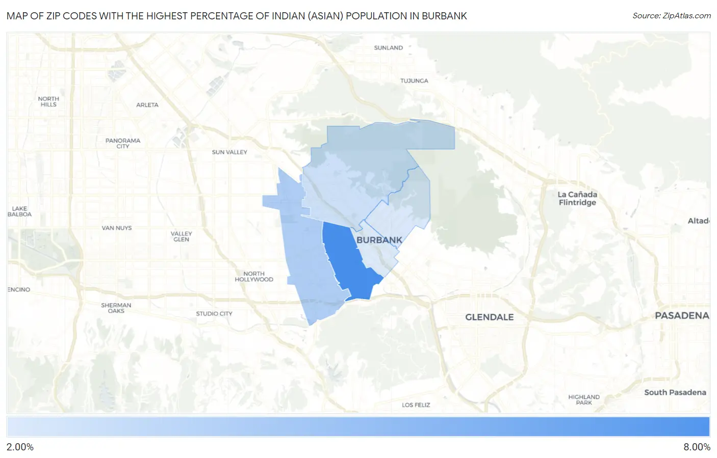Zip Codes with the Highest Percentage of Indian (Asian) Population in Burbank Map