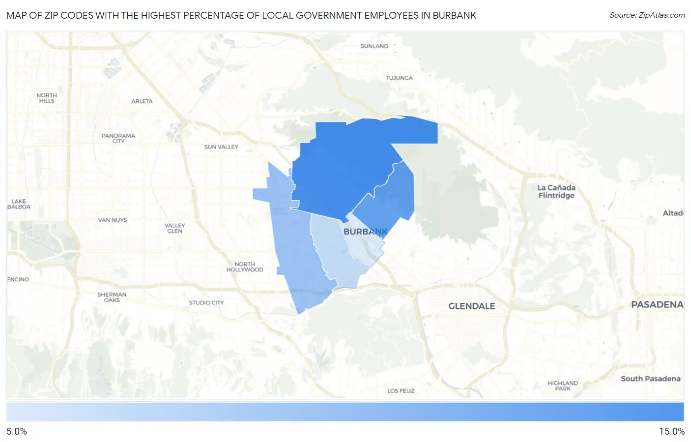 Zip Codes with the Highest Percentage of Local Government Employees in Burbank Map