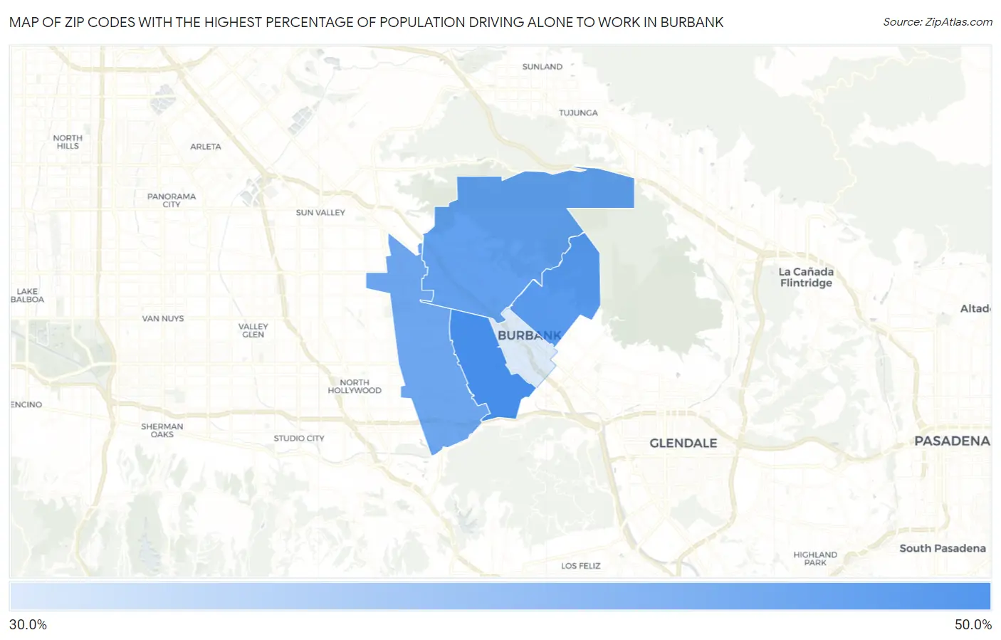 Zip Codes with the Highest Percentage of Population Driving Alone to Work in Burbank Map