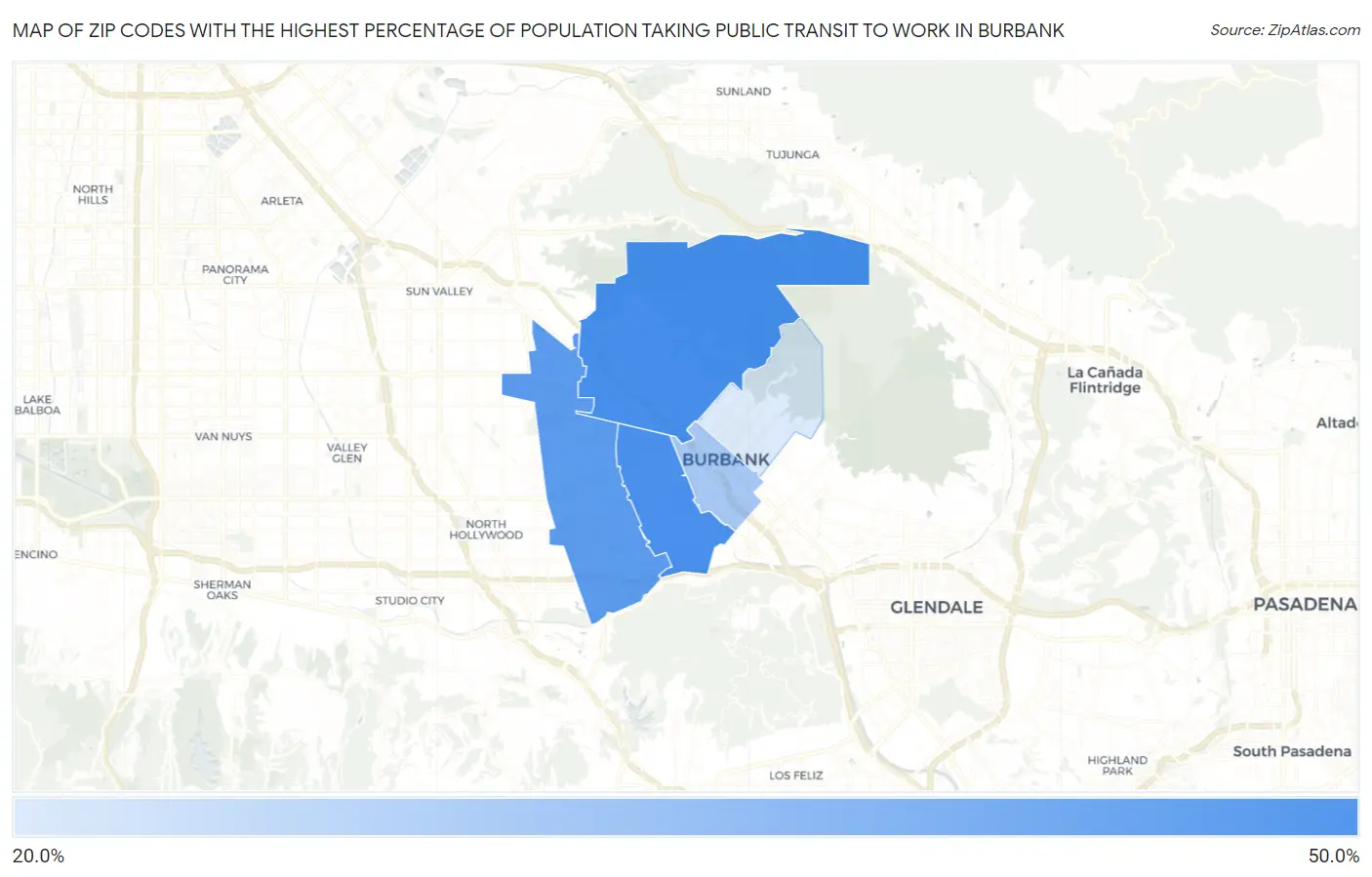 Zip Codes with the Highest Percentage of Population Taking Public Transit to Work in Burbank Map
