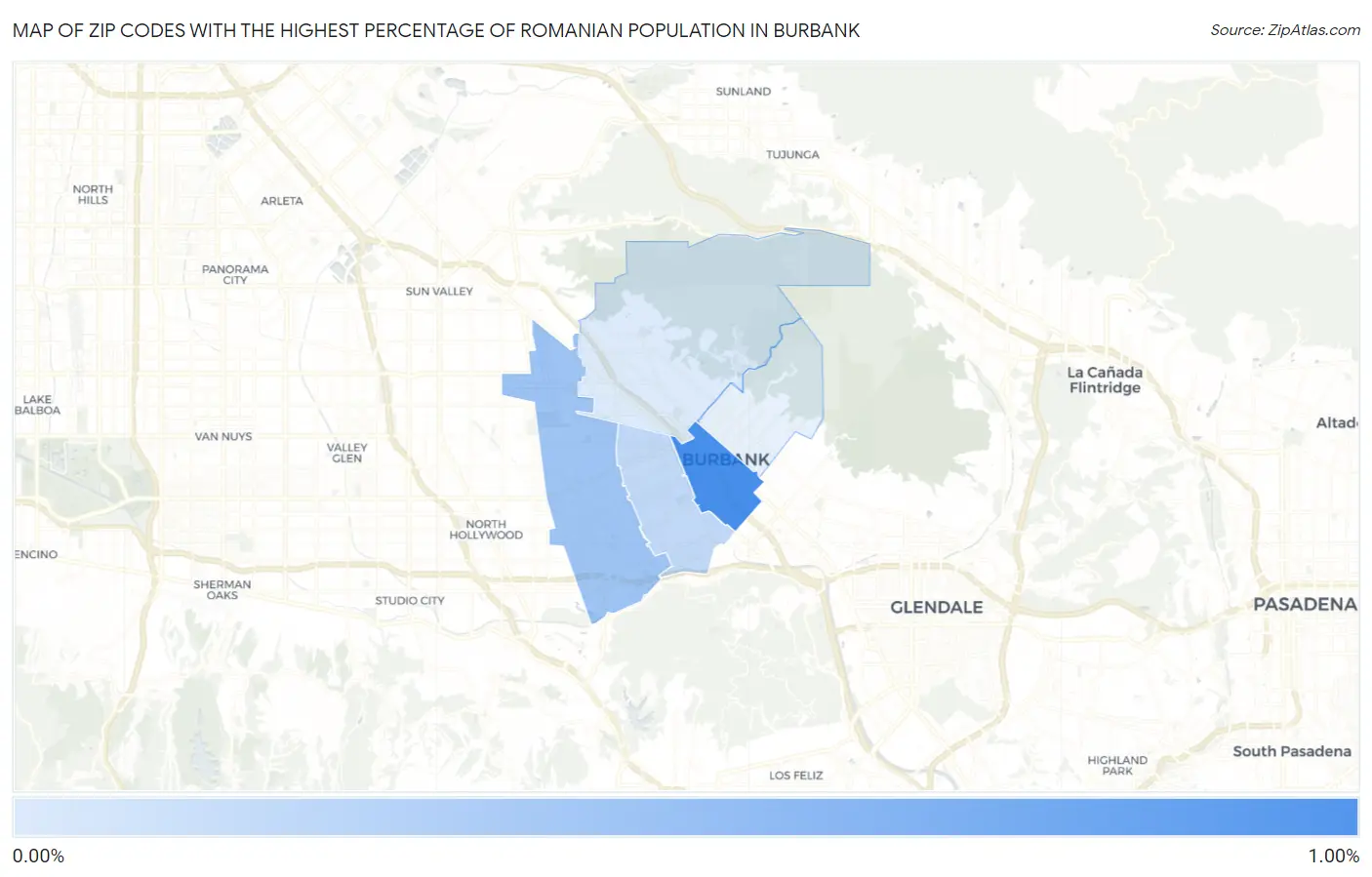 Zip Codes with the Highest Percentage of Romanian Population in Burbank Map