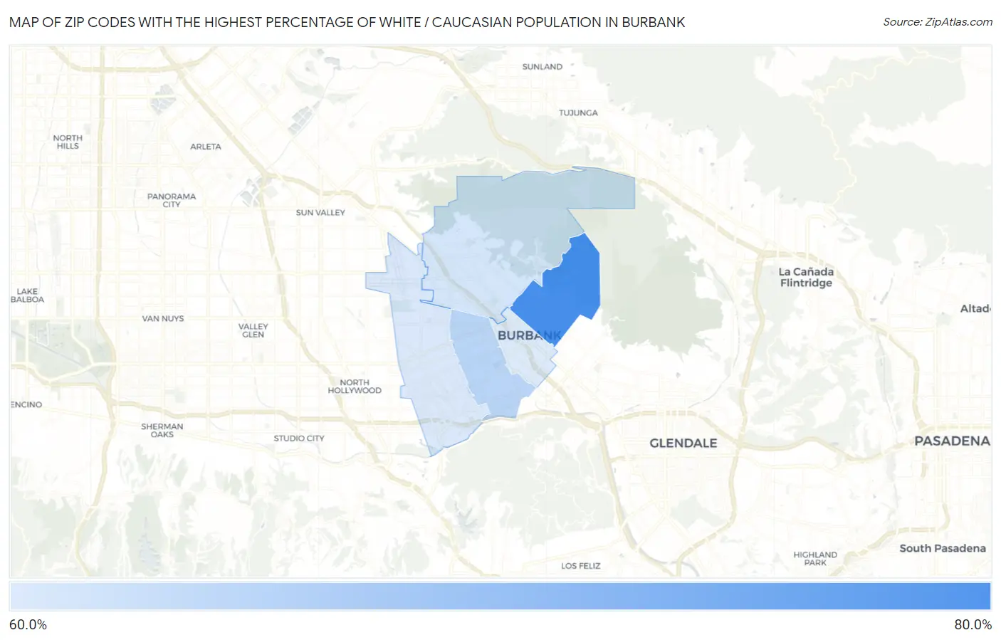 Zip Codes with the Highest Percentage of White / Caucasian Population in Burbank Map