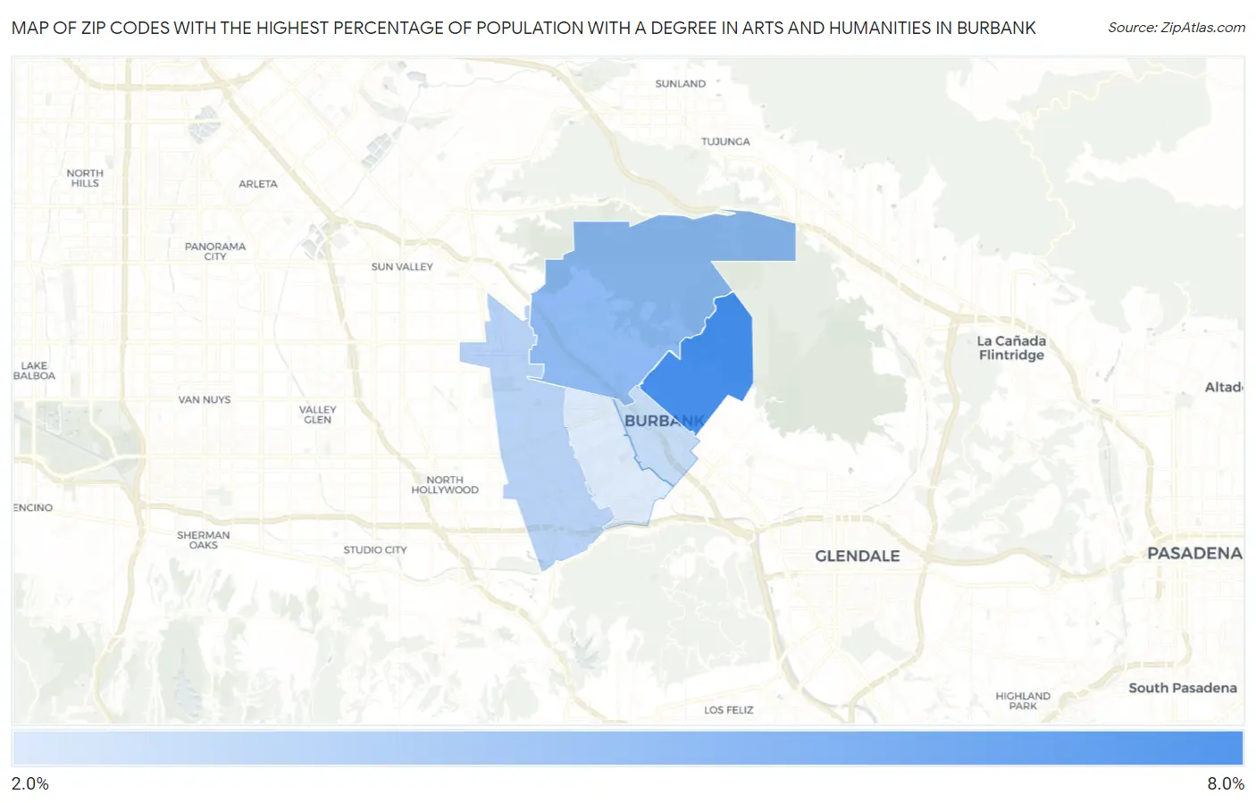 Zip Codes with the Highest Percentage of Population with a Degree in Arts and Humanities in Burbank Map