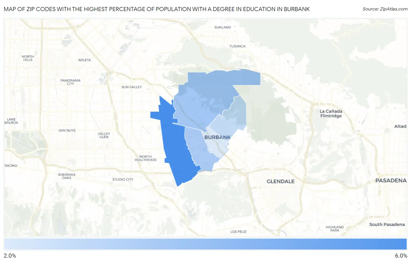 Zip Codes with the Highest Percentage of Population with a Degree in Education in Burbank Map