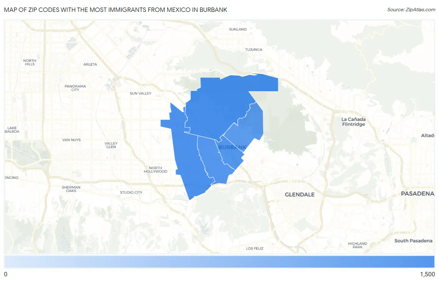 Zip Codes with the Most Immigrants from Mexico in Burbank Map